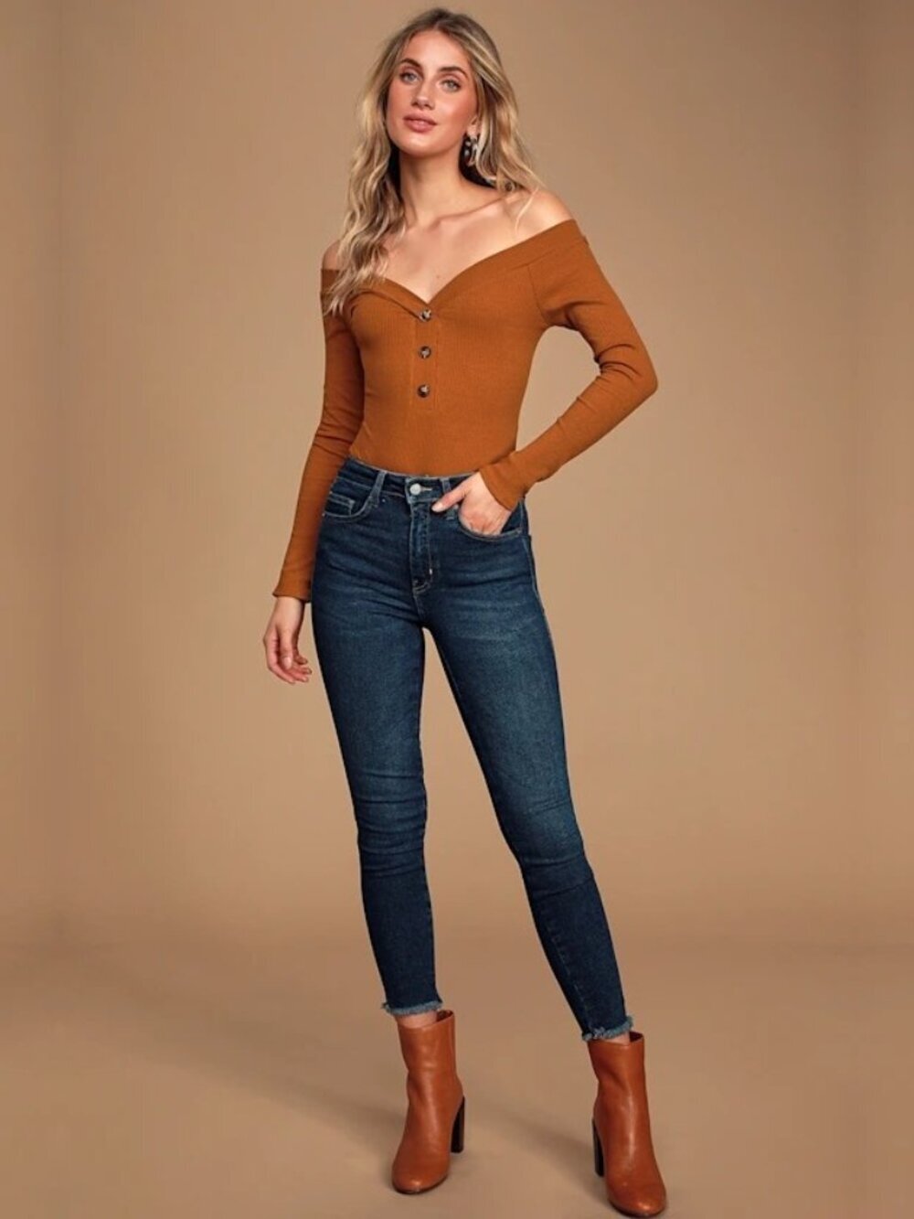 2/$30 Lulus Lilyth Rust Brown Ribbed Long Sleeve Off-the-Shoulder Medium #A2617